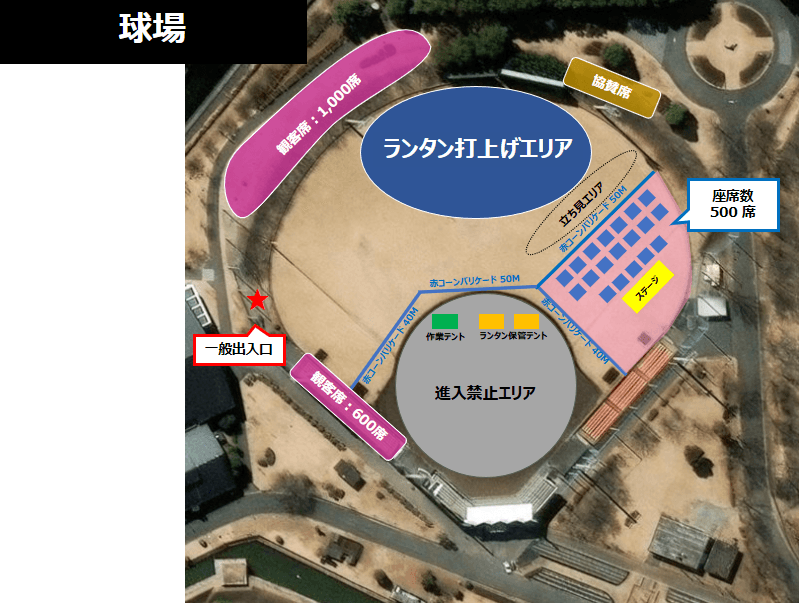 赤穂トラストホープ球場におけるLUMINA SKY LIVE FESの会場レイアウト（ステージ、立ち見エリア、ランタン打上げエリア、観客席などの配置図）